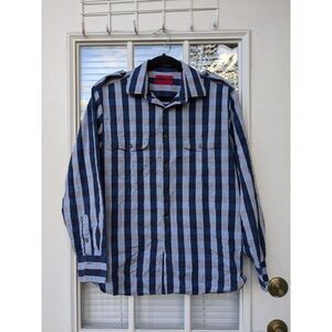 Alfani Men's Blue Plaid Button Up Dress Shirt, Size M